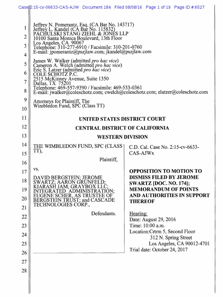 Opposition To Motion To Dismiss Filed by Jerome Swartz PDF Federal
