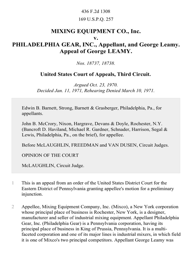 Mixing Equipment Co., Inc. v. Philadelphia Gear, Inc., and Leamy