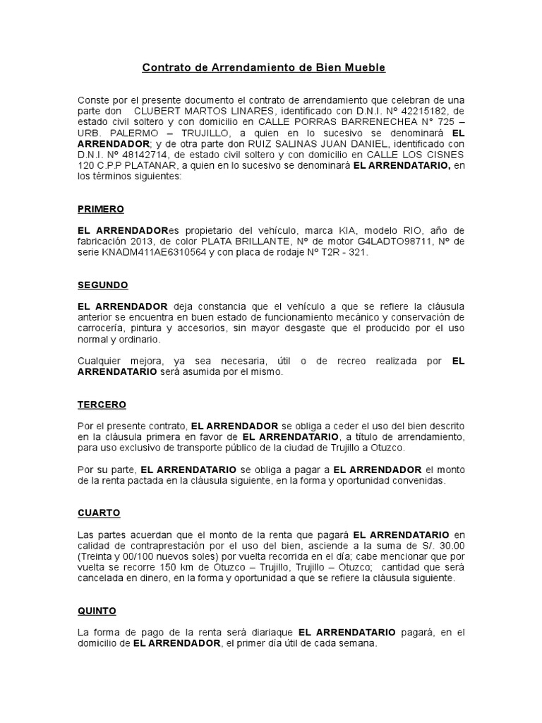 Contrato de Arrendamiento de Un Vehículo de Cesión en Uso | PDF | Alquiler  | Propiedad