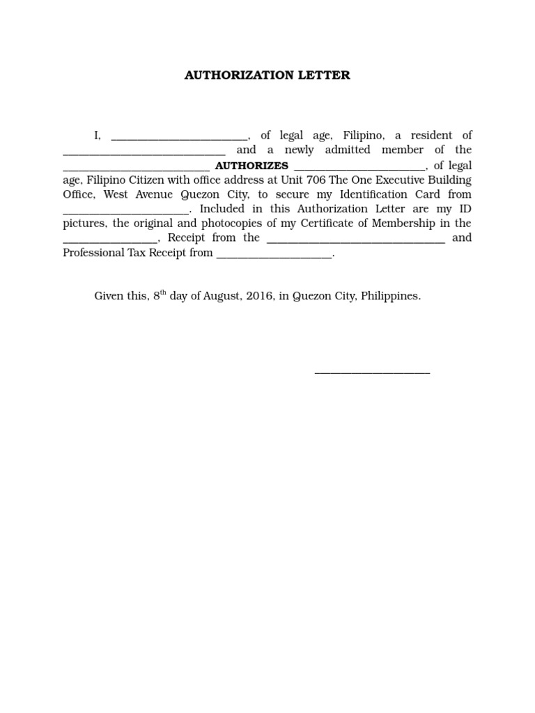 Authorization Letter For Id Card Printing