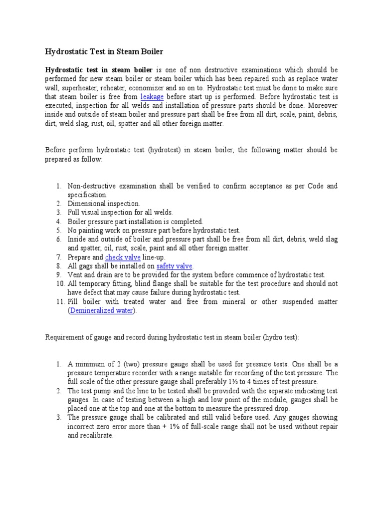 Hydrostatic Test in Steam Boiler Boiler Pressure Measurement