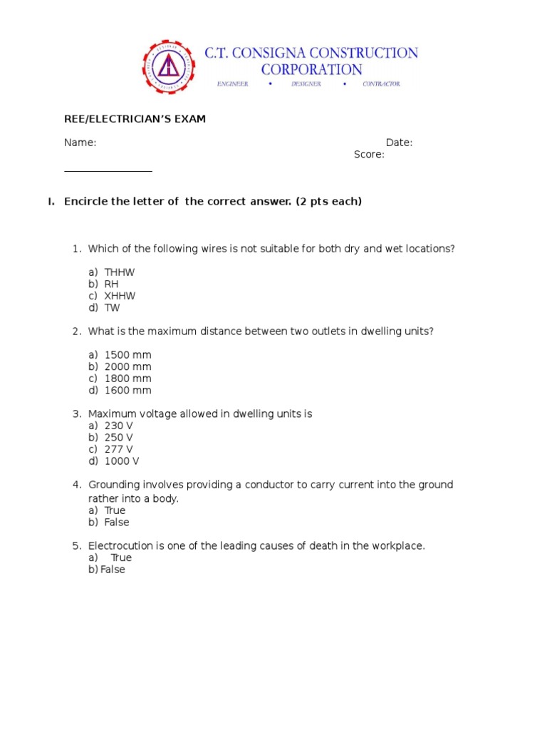 Electrician's Exam: Wiring & Safety Questions | PDF