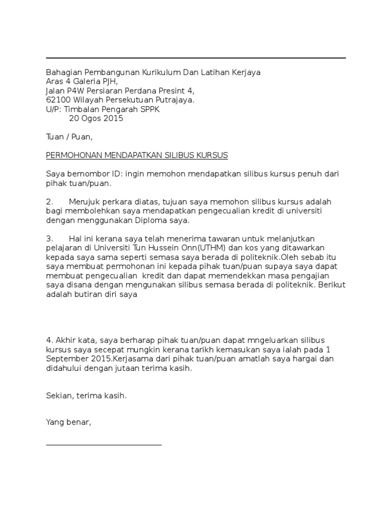 Contoh Surat Rayuan Pengecualian Kredit Subjek