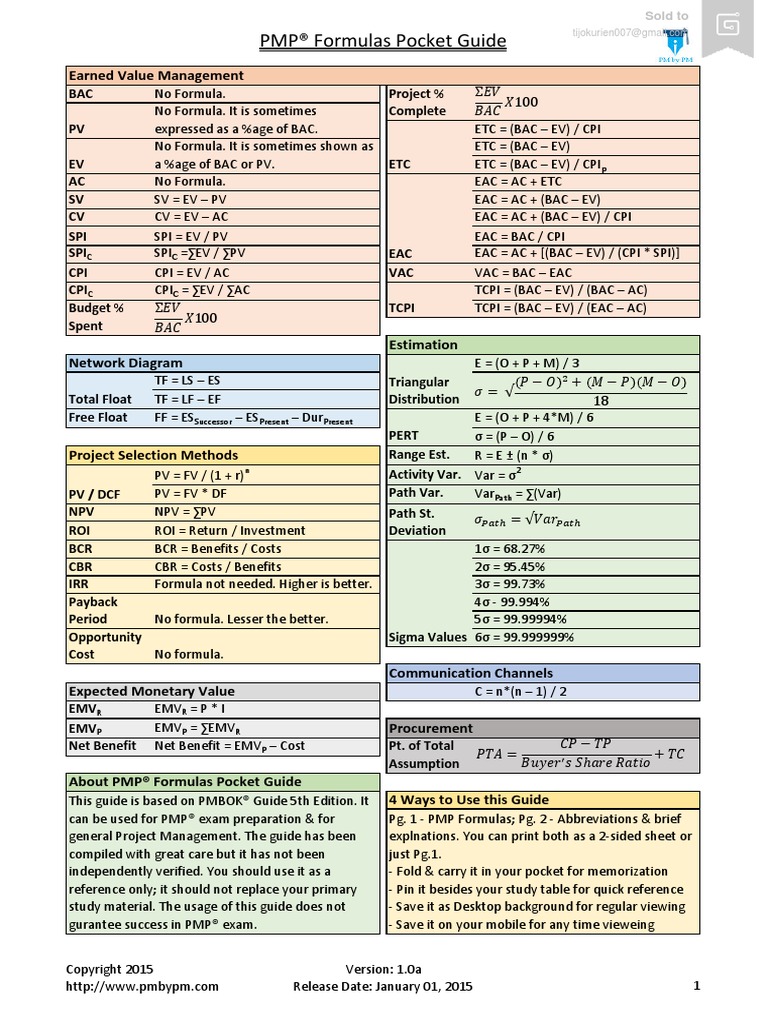 PMP Formulas Pocket Guide | PDF | Net Present Value | Internal Rate Of ...