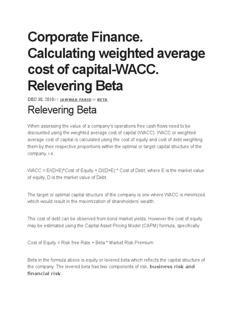 Calculating Weighted Average Cost of Capital WACC (Relevering Beta