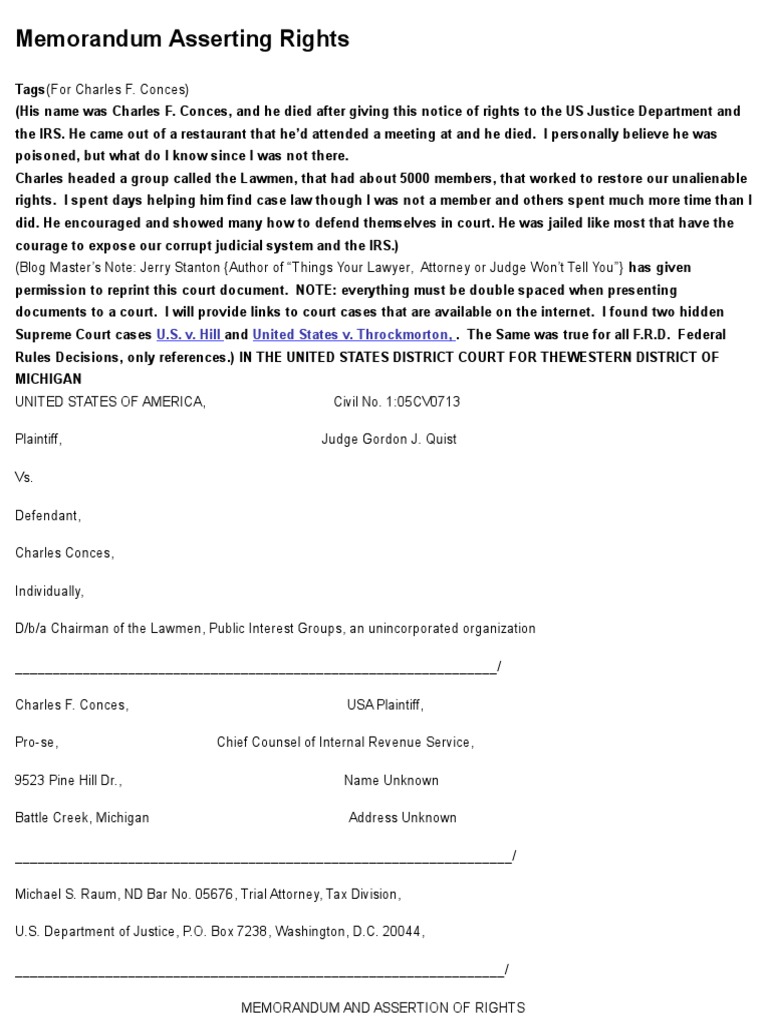 Memorandum Asserting Rights | Jurisdiction | Precedent