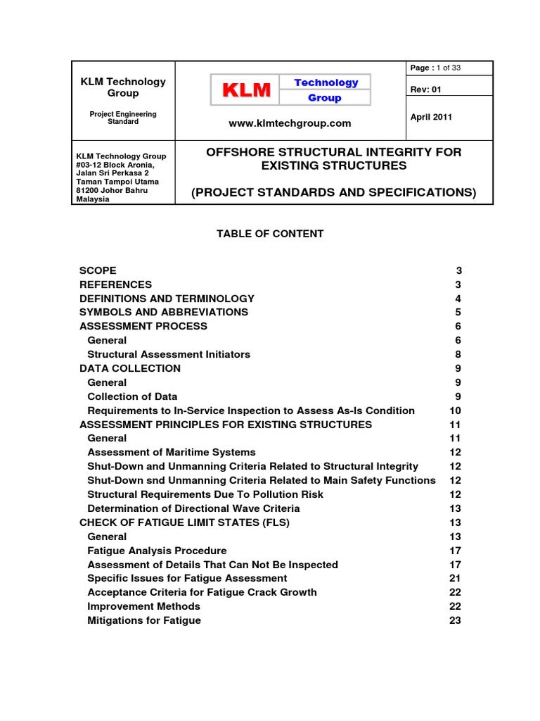 PROJECT STANDARDS AND SPECIFICATIONS Offshore Structure Integrity ...