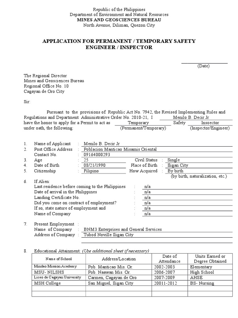 Safety Engineer/Inspector Application Form | PDF | Notary Public ...