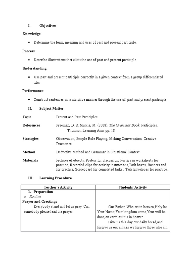 Grade 9 Lesson Plan: Participles | PDF | Lesson Plan | Verb