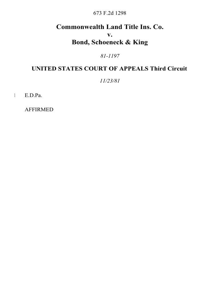 Commonwealth Land Title Ins. Co. v. Bond, Schoeneck & King, 673 F.2d