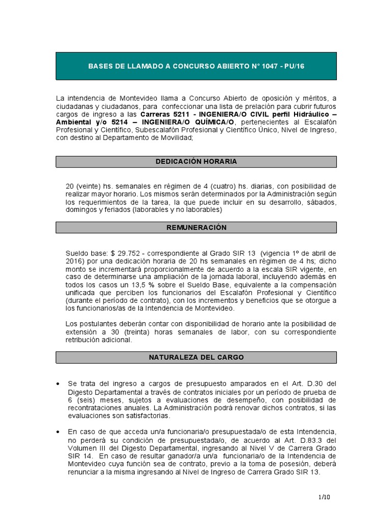 Llamado A Ingenieros Intendencia de Montevideo | PDF
