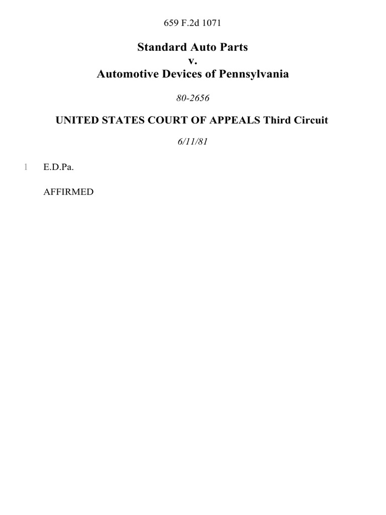 Standard Auto Parts v. Automotive Devices of Pennsylvania, 659 F.2d 1071, 3rd Cir. (1981) PDF