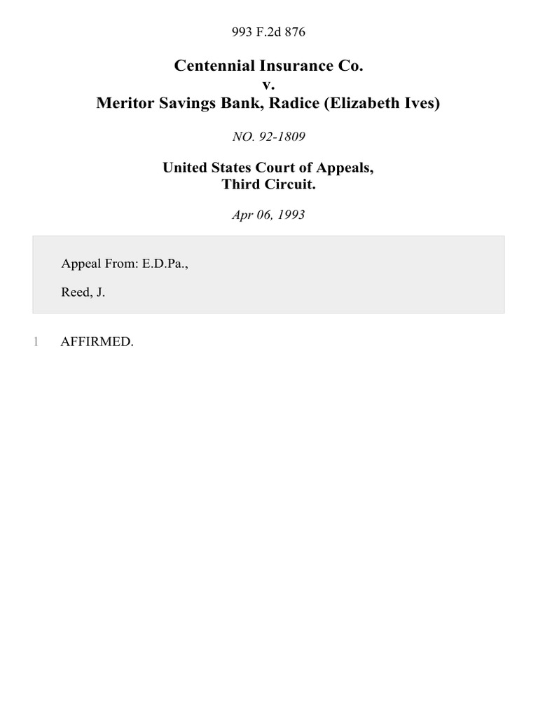 Centennial Insurance Co. v. Meritor Savings Bank, Radice (Elizabeth ...