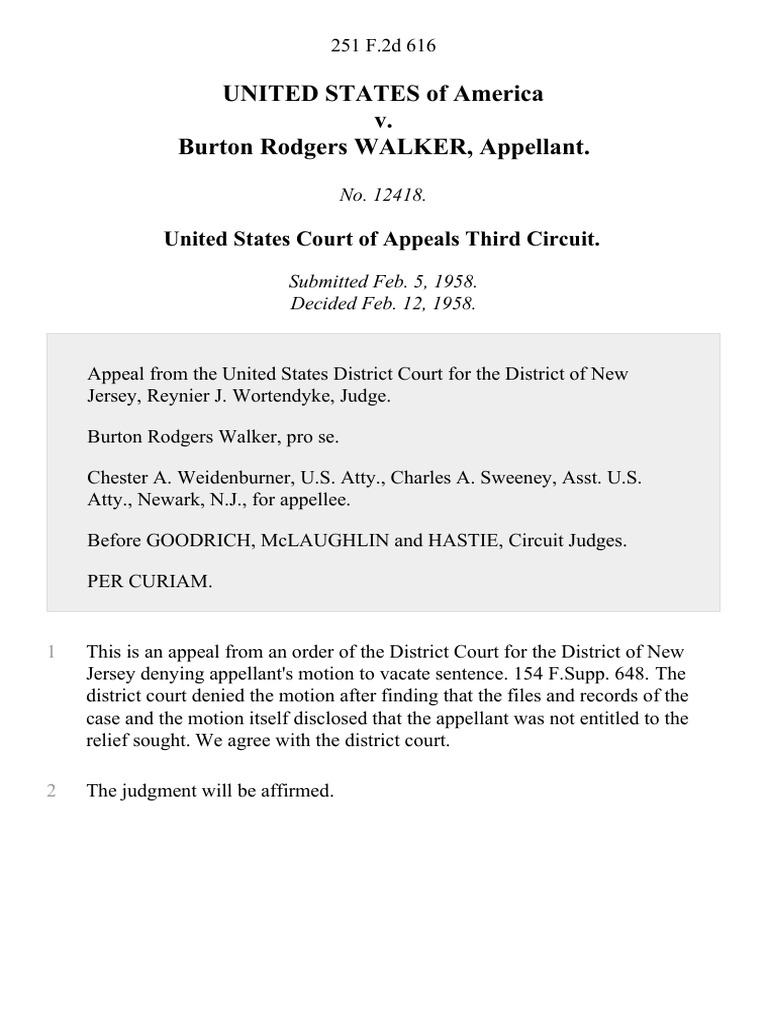 United States v. Burton Rodgers Walker, 251 F.2d 616, 3rd Cir. (1958) | PDF