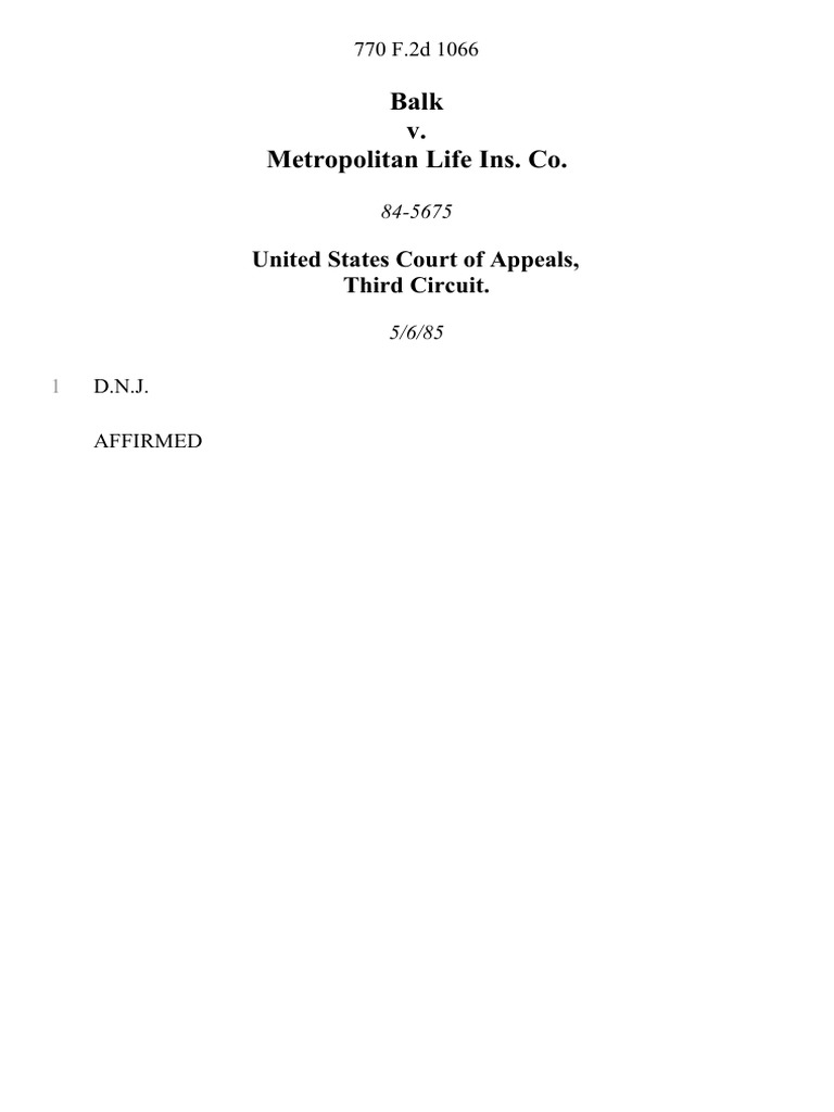 Balk V Metropolitan Life Ins Co 770 F 2d 1066 3rd Cir 1985 Pdf
