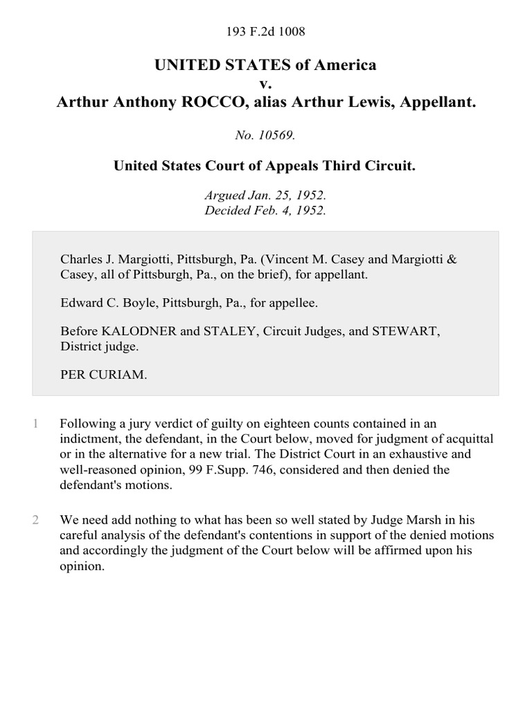 United States v. Arthur Anthony Rocco, Alias Arthur Lewis, 193 F.2d ...