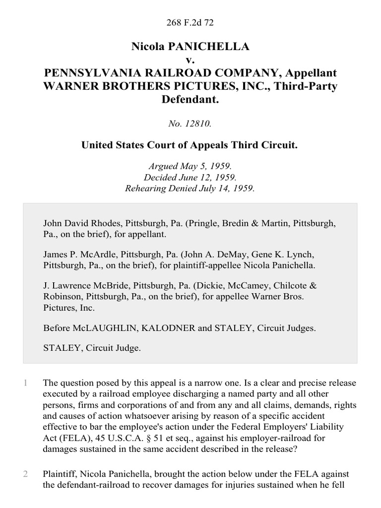Nicola Panichella v. Pennsylvania Railroad Company, Warner Brothers