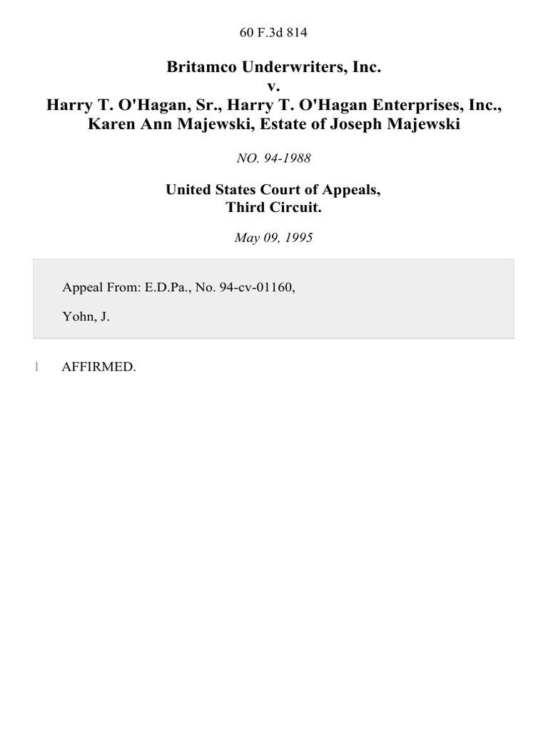 Britamco Underwriters, Inc. v. Harry T. O'Hagan, SR., Harry T. O'Hagan ...