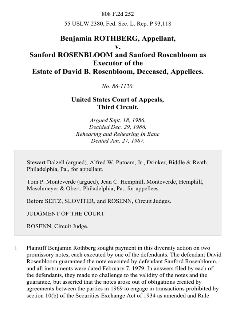 Benjamin Rothberg v. Sanford Rosenbloom and Sanford Rosenbloom As of ...