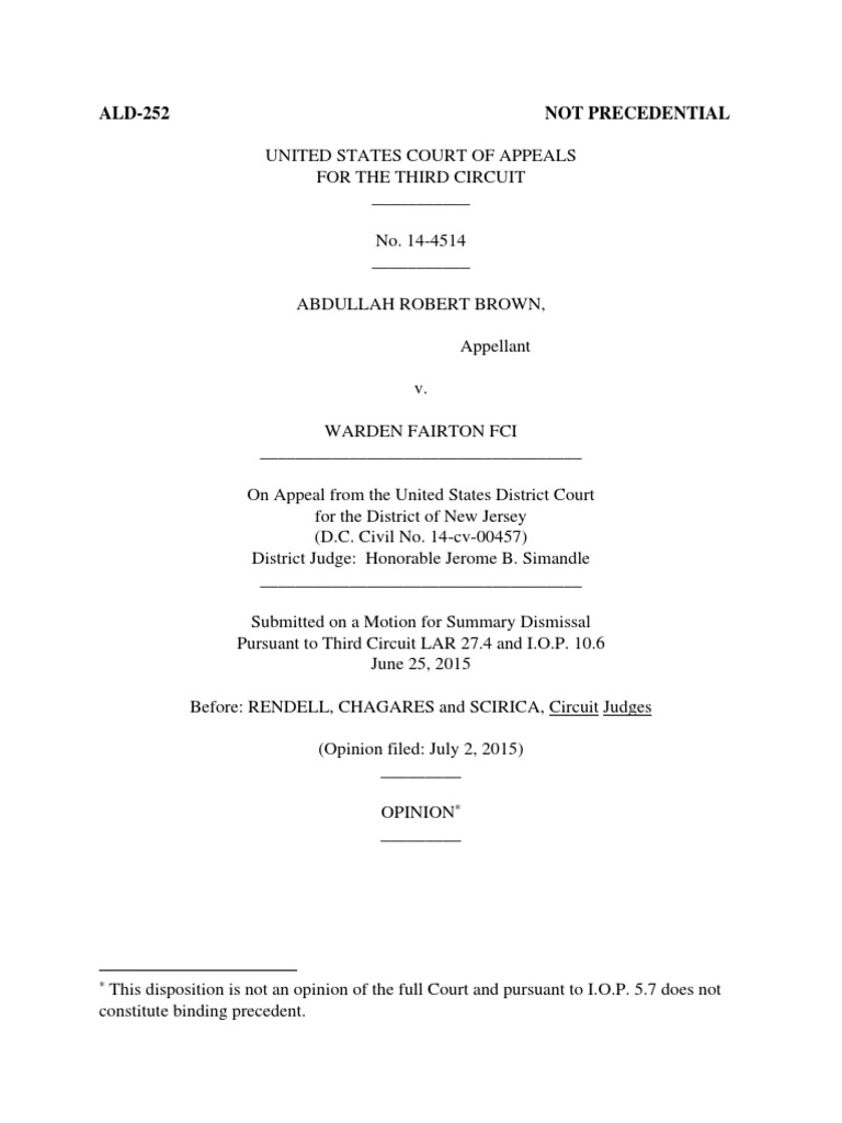 Abdullah Brown v. Warden Fairton FCI, 3rd Cir. (2015) PDF Mootness