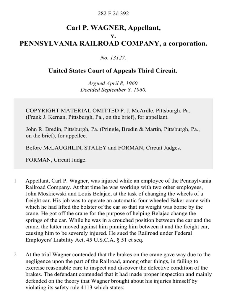 Carl P. Wagner v. Pennsylvania Railroad Company, A Corporation, 282 F