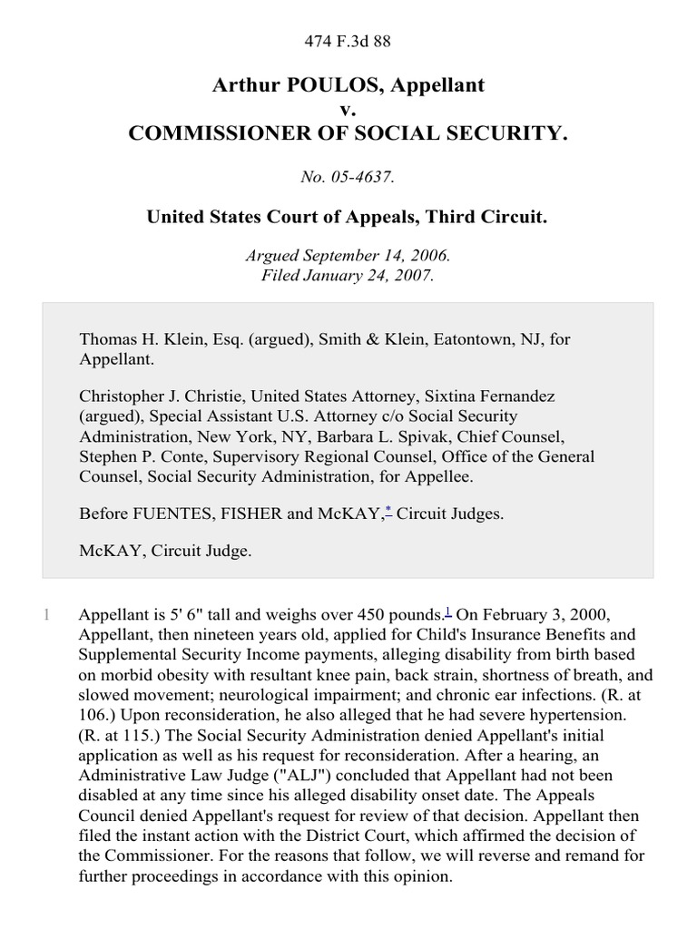 Arthur Poulos v. Commissioner of Social Security, 474 F.3d 88, 3rd Cir