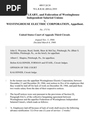 Thomas E. O'leary, and Federation of Westinghouse Independent Salaried Unions v. Westinghouse Electric Corporation, 408 F.2d 24, 3rd Cir. (1969)