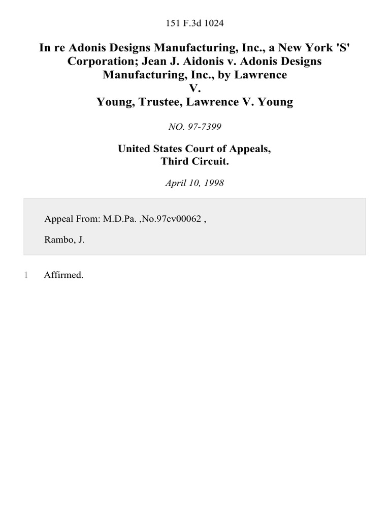 In re adonis designs manufacturing inc a new york s corporation