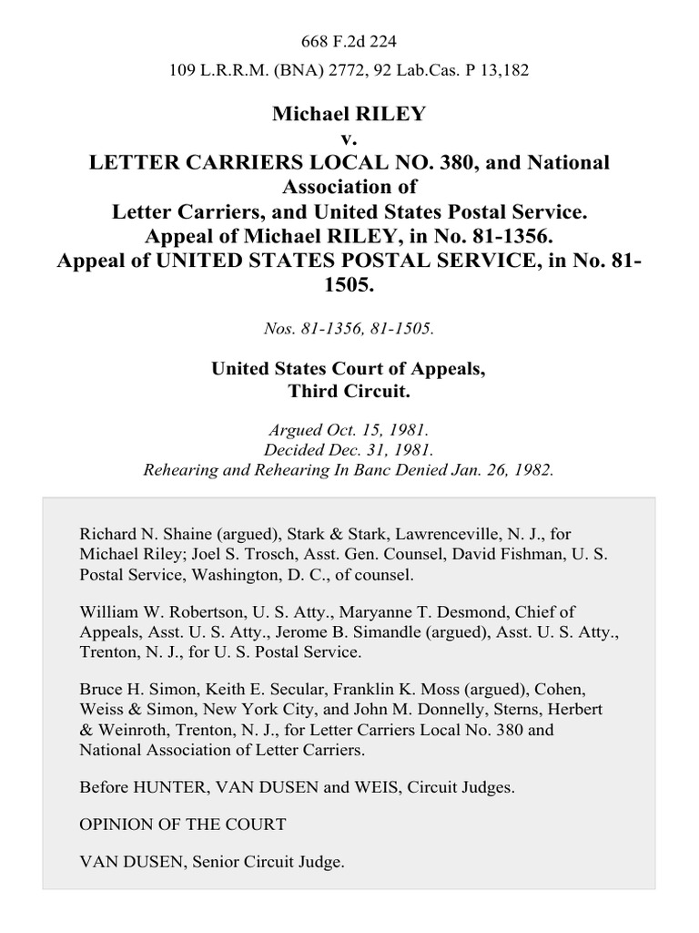 USPS vs. Riley: Union Duty Breach Appeal | PDF | Negligence | Summary ...