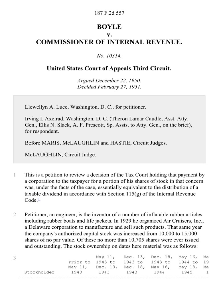 Boyle v. Commissioner of Internal Revenue, 187 F.2d 557, 3rd Cir. (1951 ...