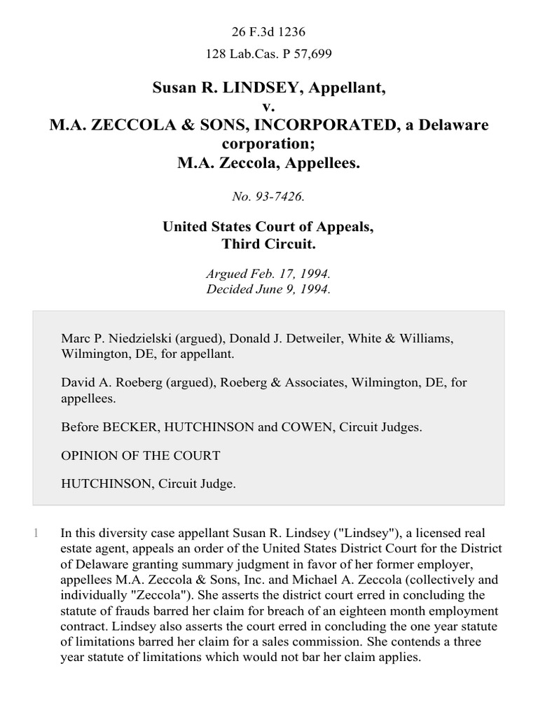 Susan R. Lindsey v. M.A. Zeccola & Sons, Incorporated, A Delaware