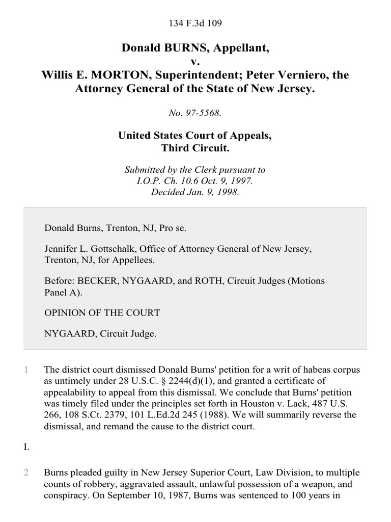 Donald Burns v. Willis E. Morton, Superintendent Peter Verniero, The