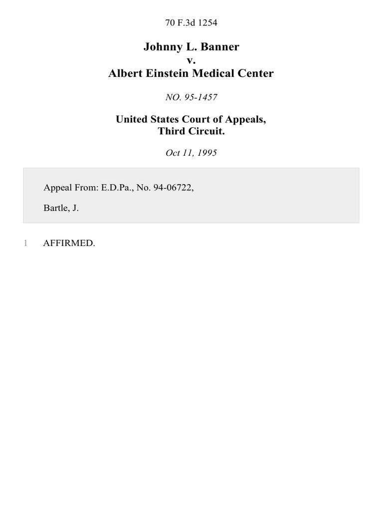 Johnny L. Banner v. Albert Einstein Medical Center, 70 F.3d 1254, 3rd ...