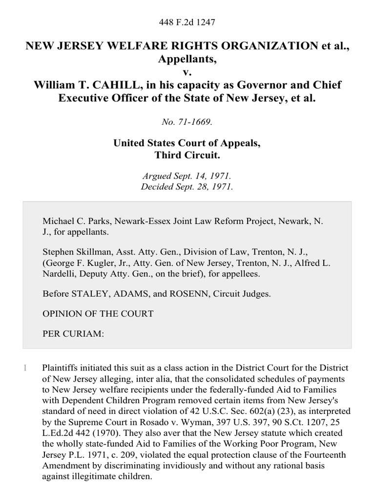 New Jersey Welfare Rights Organization v. William T. Cahill, in His