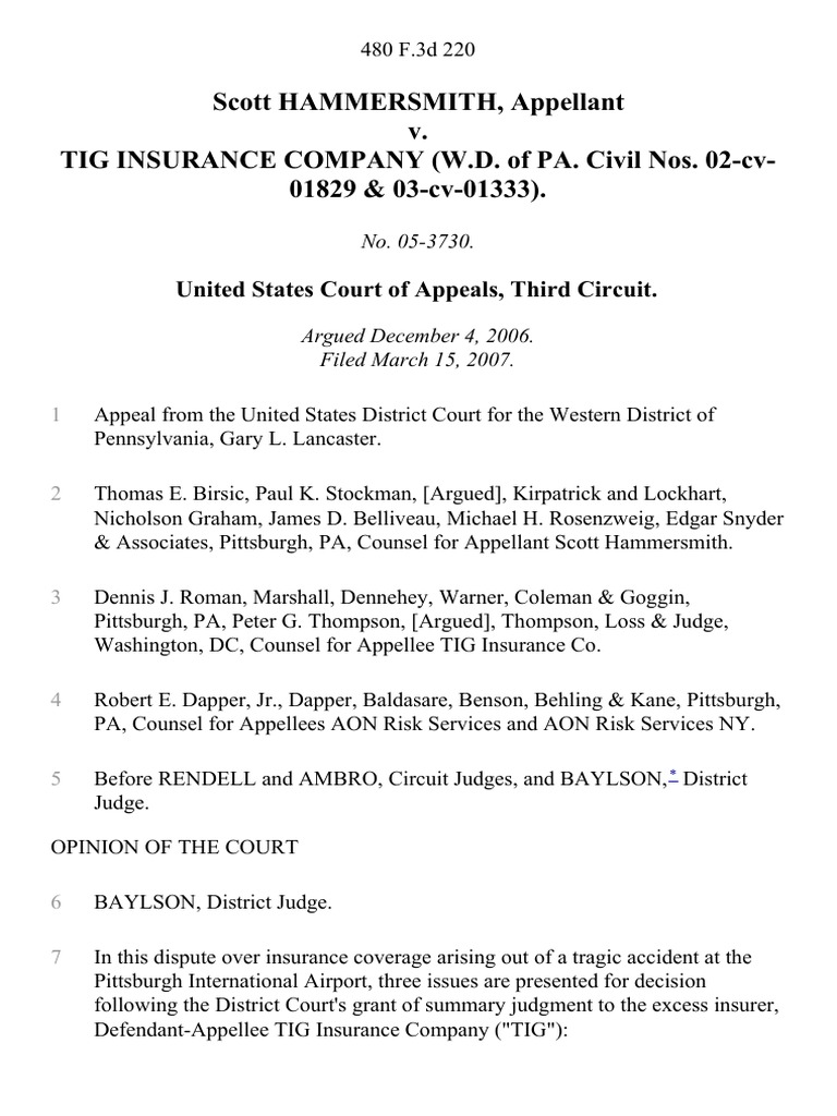 Scott Hammersmith v. Tig Insurance Company (w.d. Of Pa. Civil Nos. 02