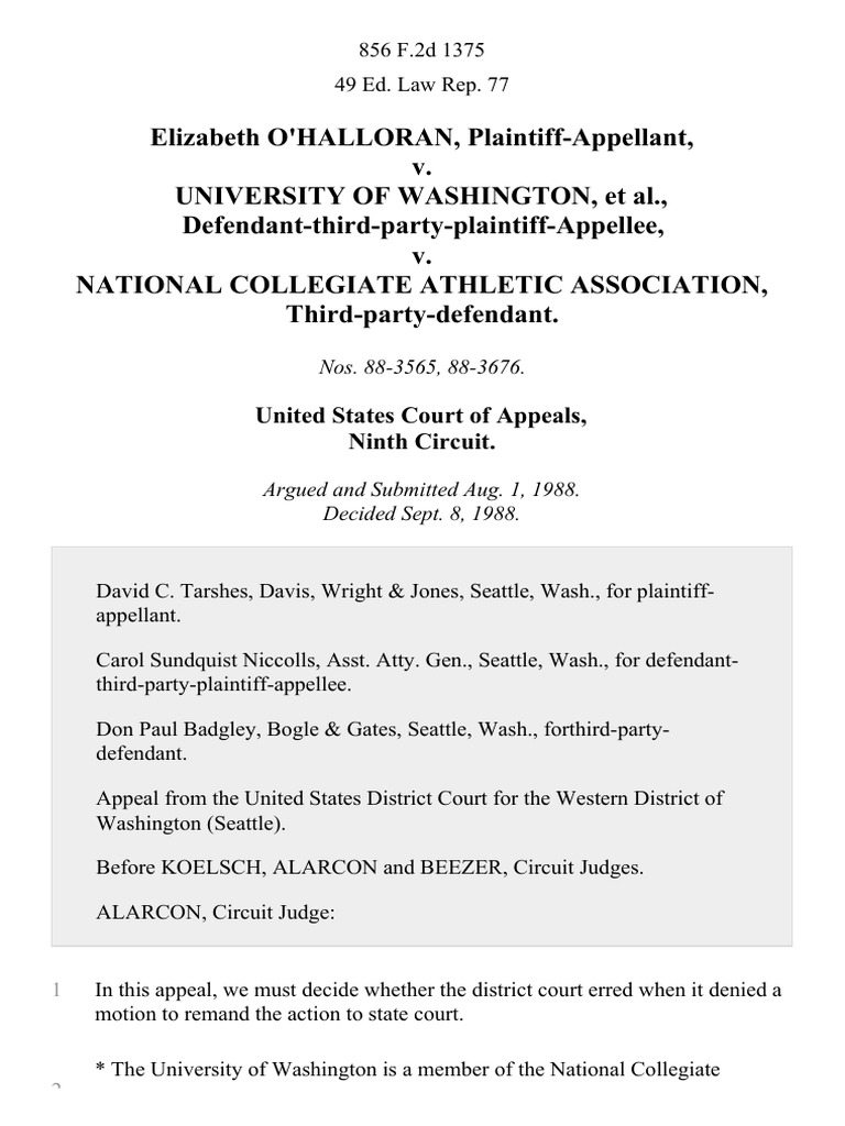Elizabeth O'HallOran v. University of Washington, DefendantThirdParty
