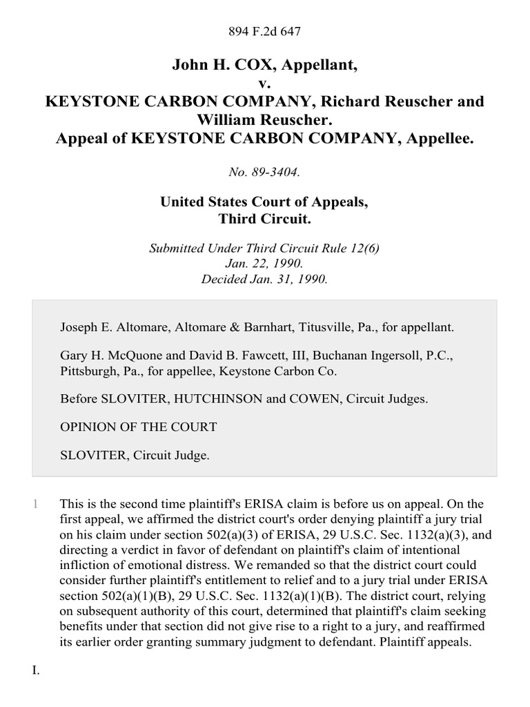 John H. Cox v. Keystone Carbon Company, Richard Reuscher and William