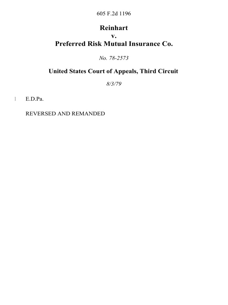 Reinhart v. Preferred Risk Mutual Insurance Co, 605 F.2d 1196, 3rd Cir ...