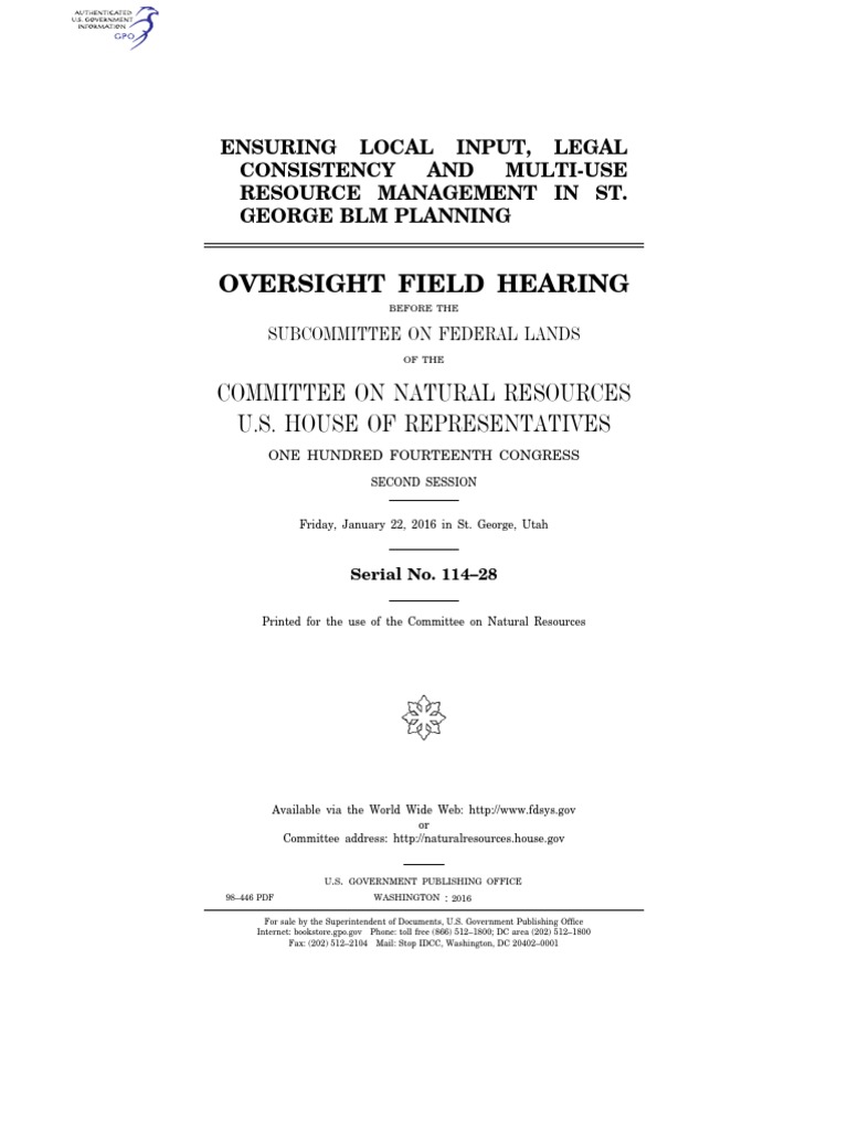 Oversight Field Hearing Committee On Natural Resources U.S. House of