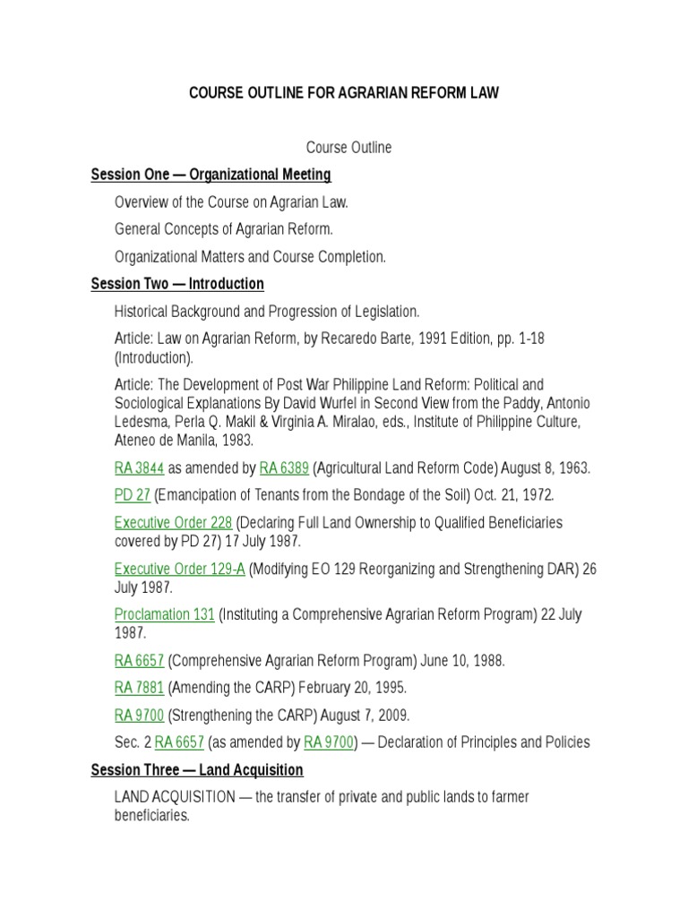 Course Outline Agrarian Reform Law | PDF | Legal Concepts | Justice
