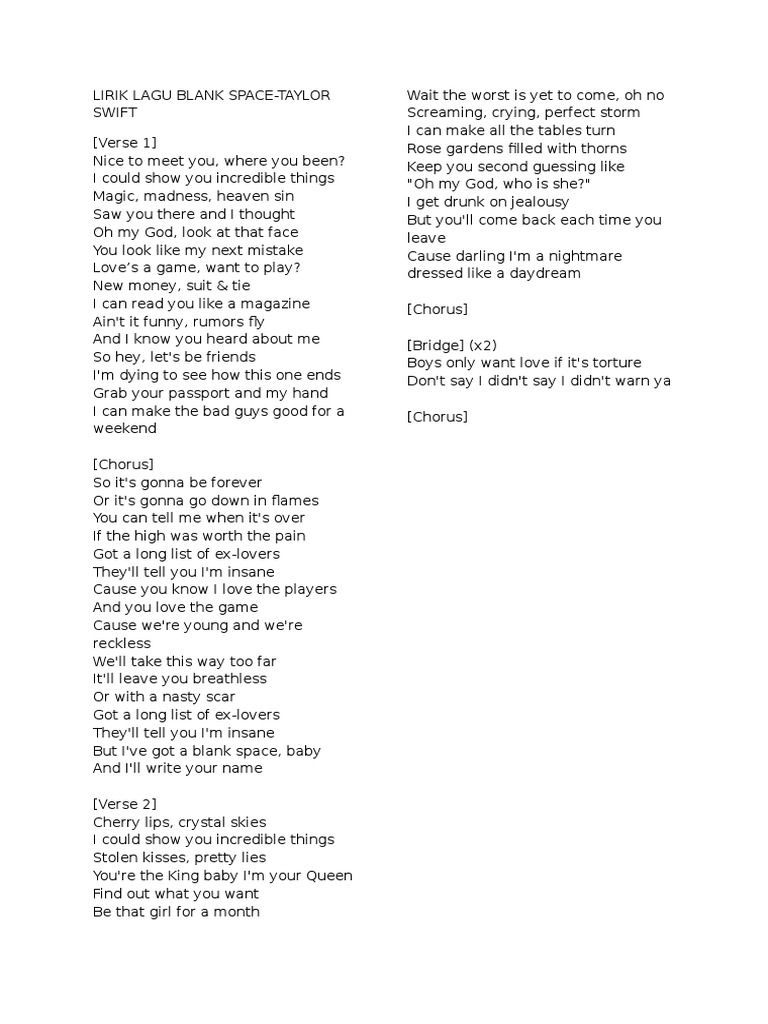 Najmi Lirik Lagu Blank Space Modern Pdf Song Structure Musical Compositions