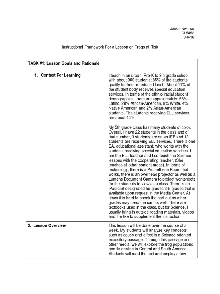 Frogs at Risk Instructional Framework PDF Reading Comprehension