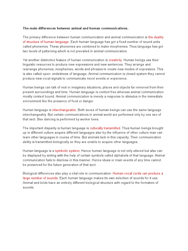 The Main Differences Between Animal and Human Communications PDF