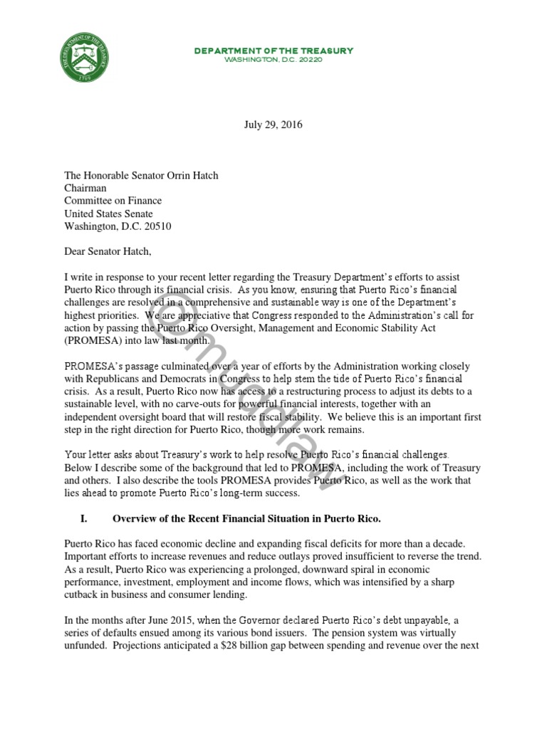 Treasury Response to Puerto Rico Crisis | PDF | Puerto Rico | United ...