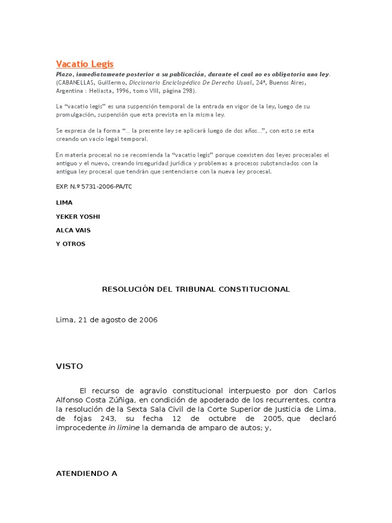 Vacatio Legis Legislación Ley procesal