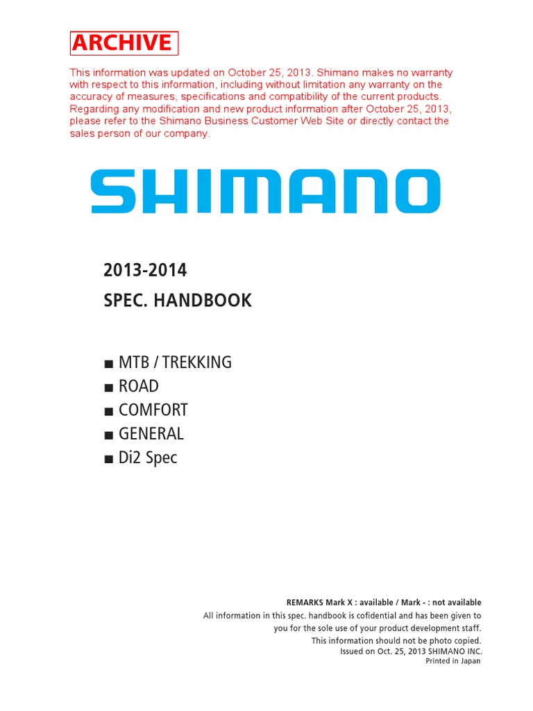 Shimano Specs Handbook Mechanical Engineering Vehicles