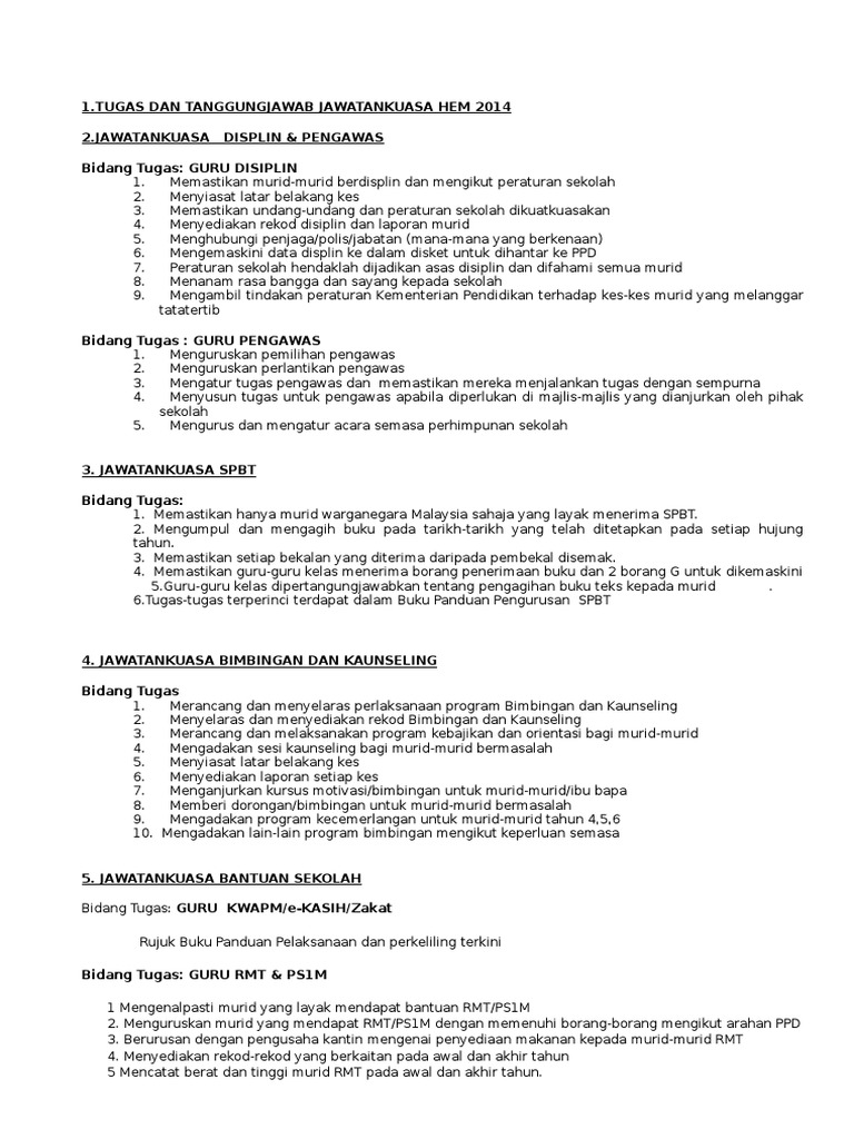 Bidang Tugas Guru Unit Hem | PDF