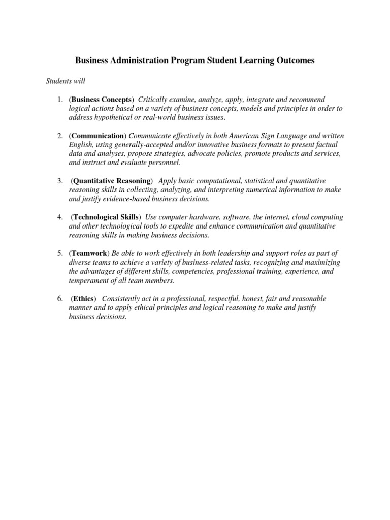 Business Admin Program Learning Outcomes | PDF