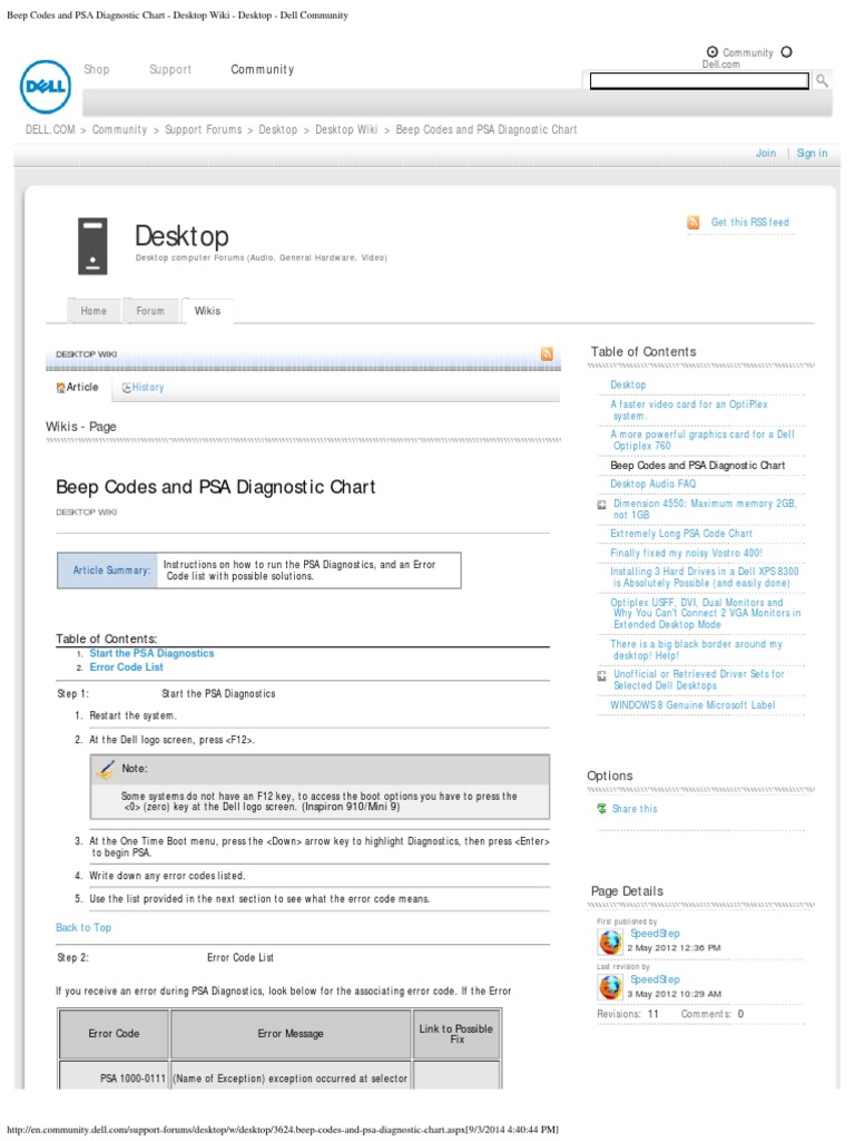 Beep Codes and PSA Diagnostic Chart Desktop Wiki Desktop Dell