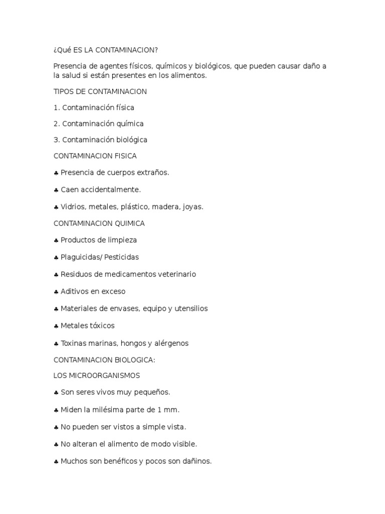 Tipos y Prevención de Contaminación Alimentaria | PDF
